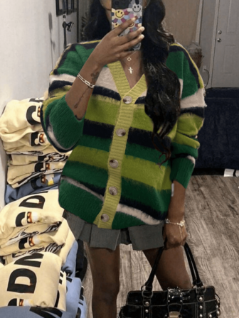 Women's Loose Color Block Striped Button V-Neck Knit Cardigan Sweater With Letter Embroidery, Warm For Autumn & Winter