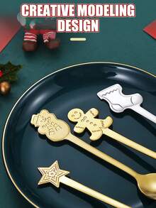 4 件装圣诞礼品勺（带礼盒）不锈钢搅拌勺咖啡勺甜品勺餐具厨房配件新年礼物圣诞礼物装饰品 - 彩色 - 查看 5