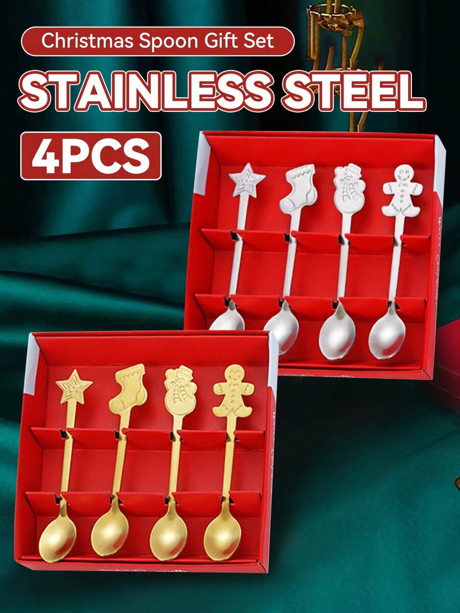 4 件装圣诞礼品勺（带礼盒）不锈钢搅拌勺咖啡勺甜品勺餐具厨房配件新年礼物圣诞礼物装饰品 - 彩色 - 查看 1