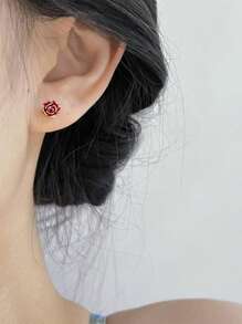 1 对透明白色迷你玫瑰耳钉，可爱优雅的女士日常珠宝 - 花朵 - 查看 3