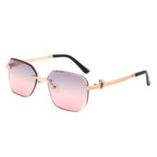 1pc Rimless Curved Rectangle Sunglasses With Tinted Square Lenses For Women And Men, Y2K Retro Geometric Shades. Perfect For Streetwear Looks, Summer Styling, Vacation Outfits, Music Festivals, And Casual Outdoor Wear - 粉色 - 查看 2