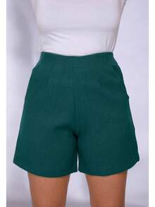 Casual Shorts Tailored Elegant Plain Invisible Zipper With Front Pocket - 墨綠色 - 查看 6