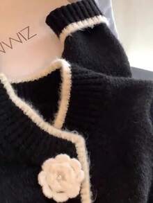 JIANHU 春季新款花卉纽扣装饰毛衣开衫女装优雅百搭宽松针织外套 - 黑色 - 查看 6