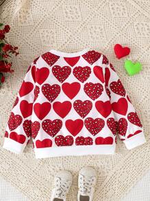 Young Girl Red Heart Round Neck Long Sleeve Sweatshirt, Spring Autumn - Red - View 2