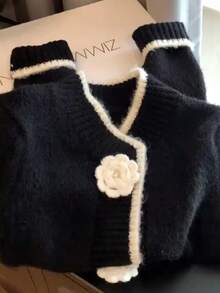 JIANHU 春季新款花卉纽扣装饰毛衣开衫女装优雅百搭宽松针织外套 - 黑色 - 查看 8