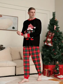 2 pièces Ensemble de pyjama de Noël à carreaux décontracté pour hommes, Top à manches longues et col rond avec motif "Joyeux Noël' et bois de cerf, et pantalon ample pour dormir