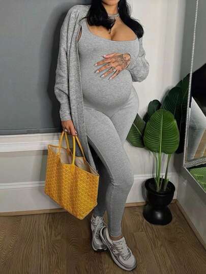 Maternity Solid Color Crew Neck Sleeveless Casual Comfortable Jumpsuit
