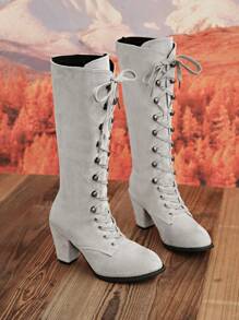 2025 Autumn/Winter Plus Size European & American Fashion Lace-Up Roman Knight Boots For Women, Black Waterproof Platform High Shaft Round Toe Thick High Heel Tall Boots