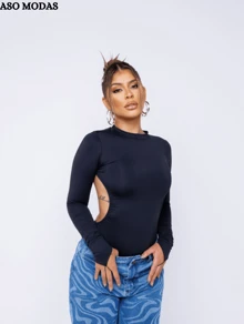 Women's Backless Long Sleeve Bodysuit - màu đen - Xem 1