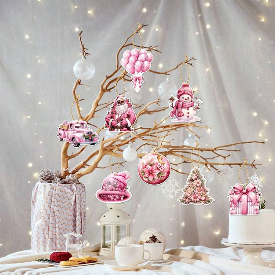 8pcs Pink Christmas Decoration Ornaments Christmas Tree Decoration Pendants Christmas Gift Tags Santa Claus Christmas Tree Pink Car Balloons, Suitable For Christmas Interior Decoration Party Supplies Festive Atmosphere Props,Christmas - Pink - View 1