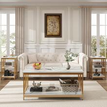 3 Pieces Living Room Table Set, Industrial Coffee Table With 2 Square End Side Tables, Coffee Table Set With Metal Frame For Apartment Home Office - White+Gold - Xem 4
