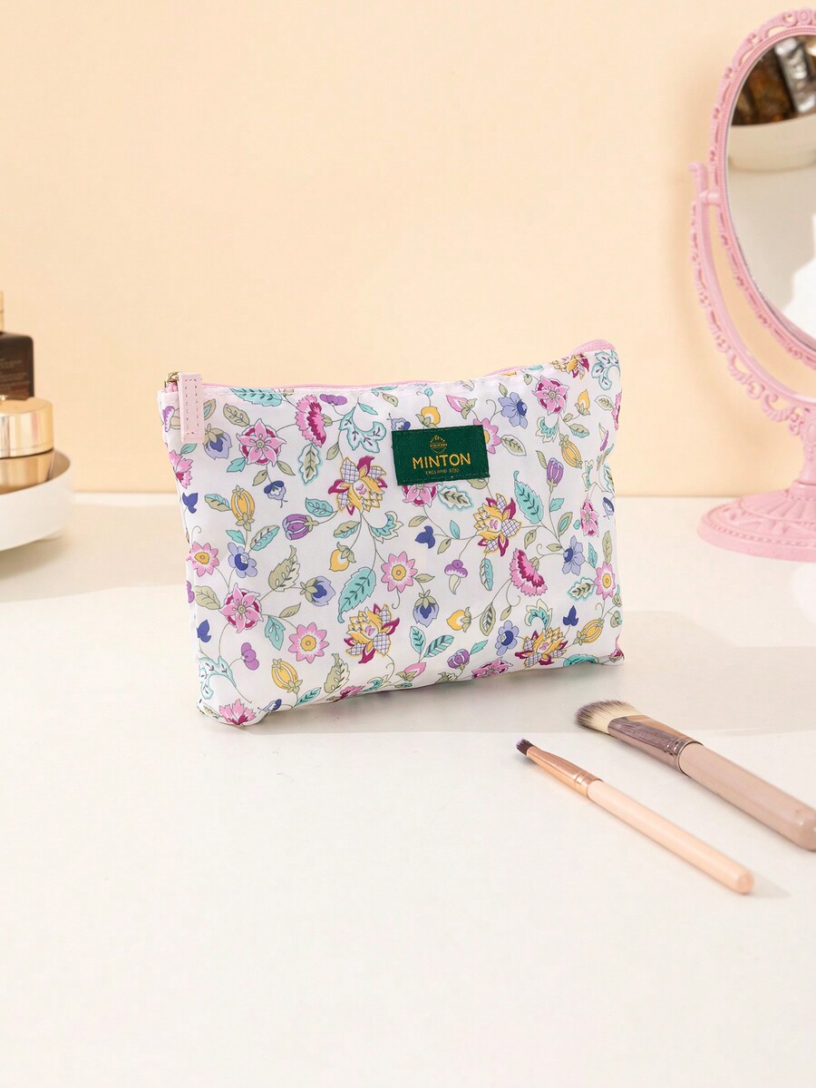 1pc Large Capacity Floral Fabric Cosmetic Bag Zipper Closure Multi