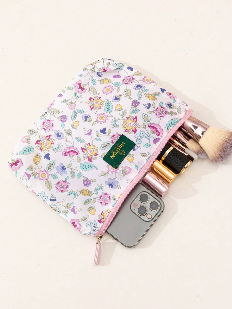 1pc Large Capacity Floral Fabric Cosmetic Bag Zipper Closure Multi