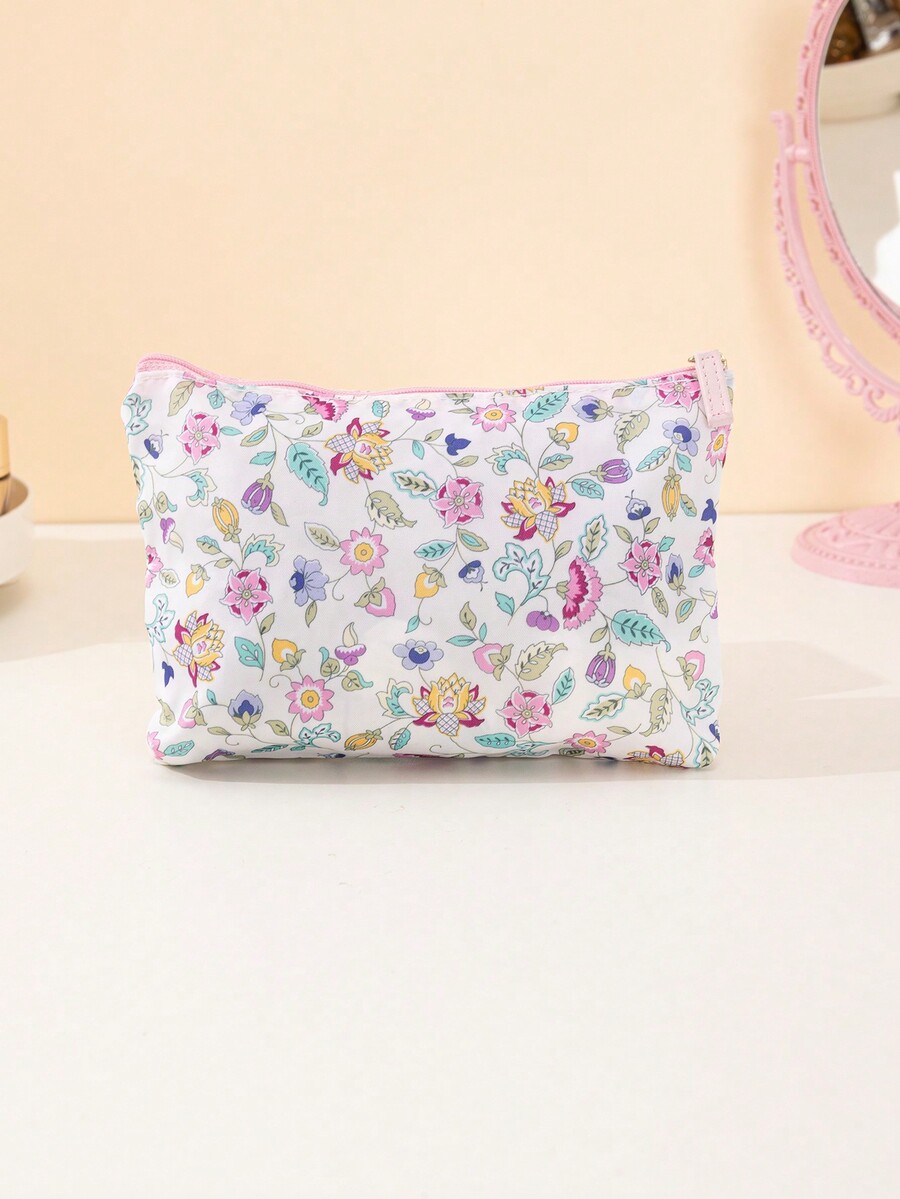 1pc Large Capacity Floral Fabric Cosmetic Bag Zipper Closure Multi
