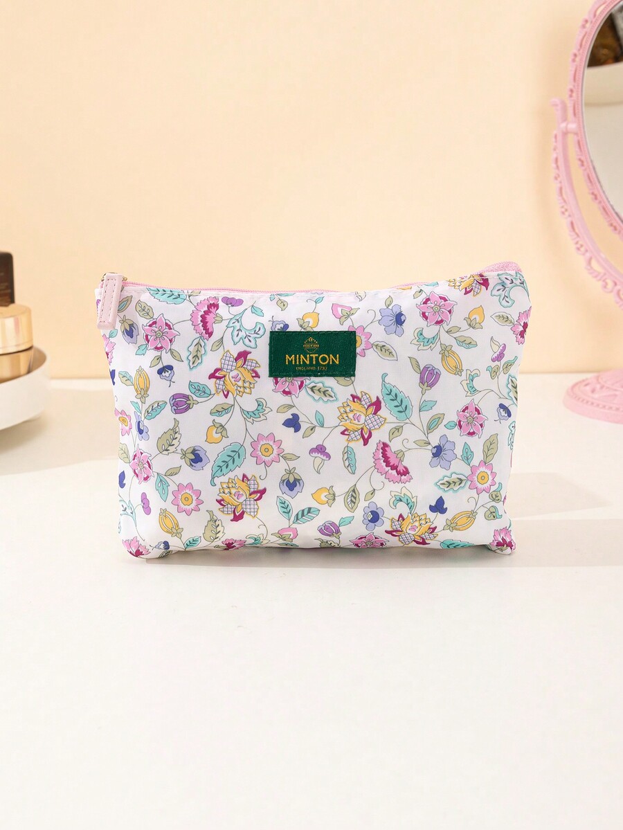 1pc Large Capacity Floral Fabric Cosmetic Bag Zipper Closure Multi