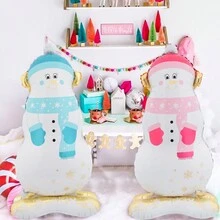 2pcs Christmas Snowman Aluminum Foil Balloons With Large Base, Blue And Pink Scarf Adorable Snowman Shaped Balloons, Suitable For Christmas Themed, Winter Christmas Snowman Decor, Birthday Party, Baby Shower, 2025 New Year Party, Home Decoration, Holiday Party Supplies,Christmas - Multicolor - View 6