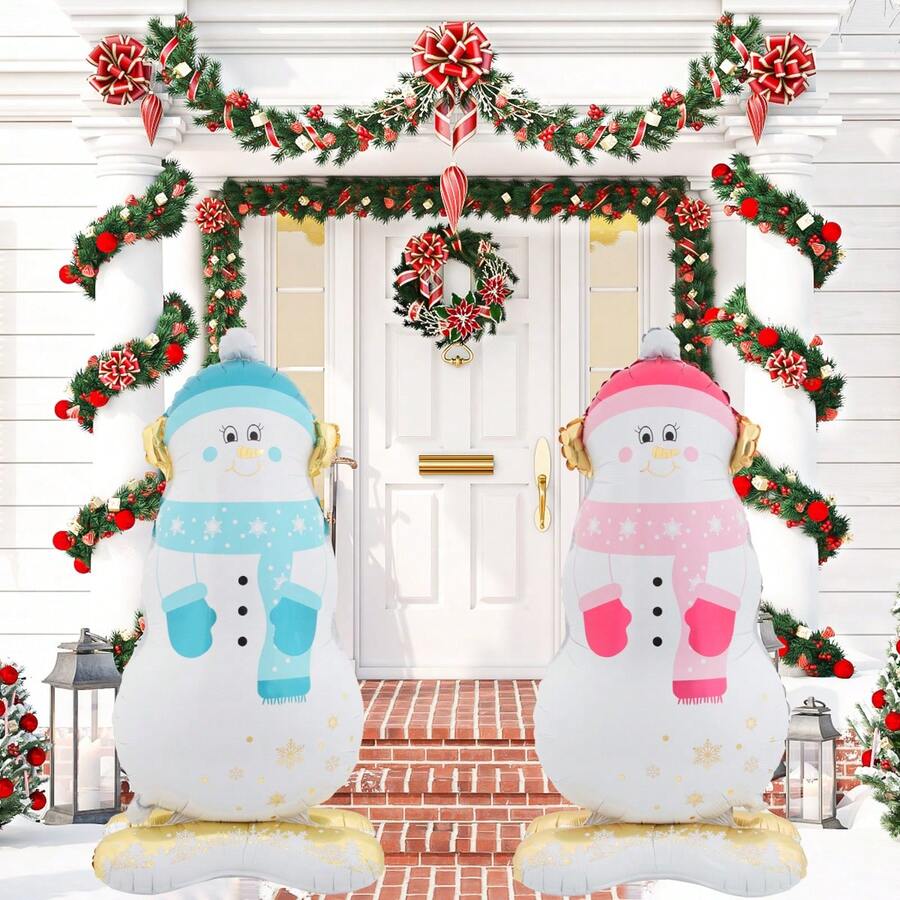 2pcs Christmas Snowman Aluminum Foil Balloons With Large Base, Blue And Pink Scarf Adorable Snowman Shaped Balloons, Suitable For Christmas Themed, Winter Christmas Snowman Decor, Birthday Party, Baby Shower, 2025 New Year Party, Home Decoration, Holiday Party Supplies,Christmas
