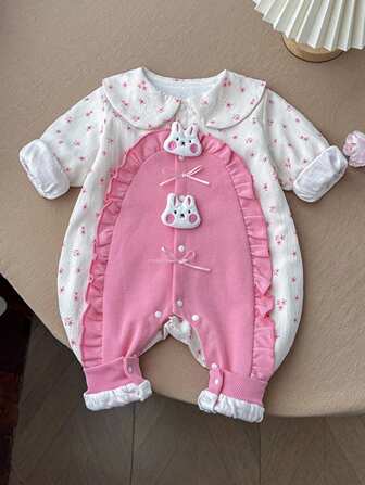 1pc Cute Floral Frill Trim Long Sleeve Bunny Ear Double Layer Baby Girl Jumpsuit, Stylish And Fashionable, For Springtime Everyday And Birthday Occasions
