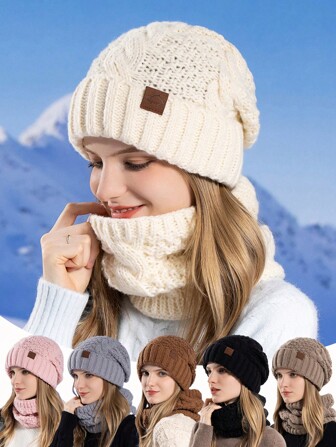 Set de 2 piezas de gorro de punto trenzado y bufanda para mujer, gorro de invierno con forro térmico sin ala y protección para las orejas para uso diario, accesorios de invierno para atuendos de invierno