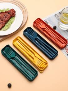 5 Stück/Set Tragbares Kunststoff Besteck-Set mit Messer, Gabel, Löffel, Essstäbchen und 1 Aufbewahrungsbehälter - geeignet für Outdoor-Camping, Picknick, Arbeit und Schule, Schulmaterial