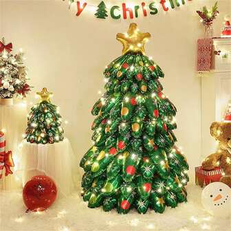 4D Christmas Tree With Base Balloon, Self-Standing Giant Multicolor Mylar Foil Balloon With Gold Star Balloon For Christmas Party Decoration Winter Carnival Christmas Santa Claus Snowman