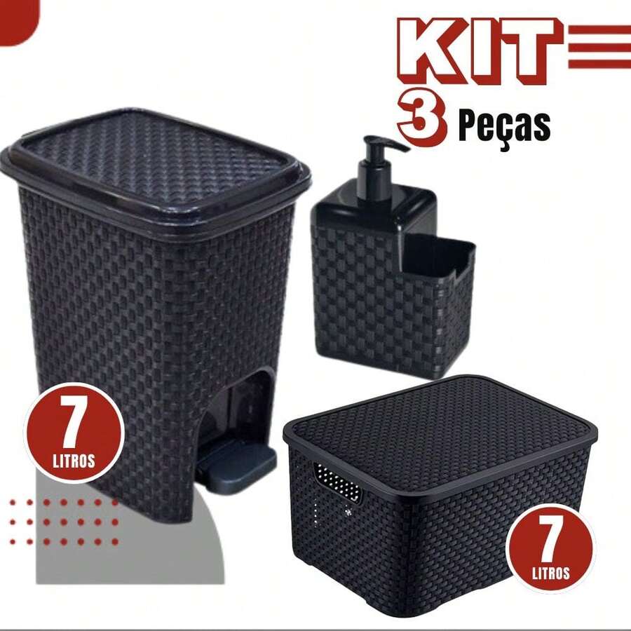 Kitchen Kit Rattan Waste Bin Basket 7 Liters With Pedal + Liquid Soap Detergent Holder + 7 Liters Organizer Box - 黑色 - 查看 1