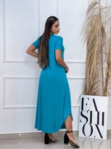 WOMEN'S LONG SARUEL DRESS WITH VISCROLAYCRA SLEEVES WOMEN'S CLOTHING - Cadet Blue - View 3