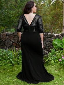 Plus Contrast Sequin Wrap Ruched Split Thigh Dress - Black - View 2