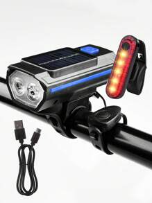 Conjunto de luces de bicicleta recargables USB alimentadas por energía solar, faro de bicicleta LED con luz de emergencia y bocina, resistente al agua, con 3 modos de iluminación