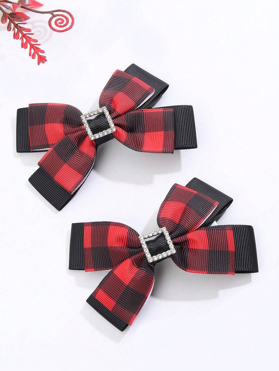 2 件圣诞红色格子蝴蝶结发夹，适合女孩，水钻闪亮复古风格发夹，适合儿童的圣诞派对发饰 - 彩色 - 查看 1