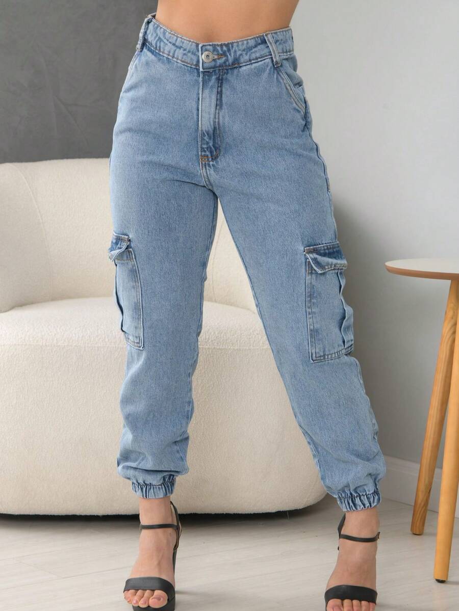 High Waist Cargo Side Pocket Denim Jogger Pants - 淺色水洗藍 - 查看 1