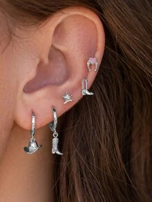 5 件西部牛仔帽、牛仔靴、水钻镶嵌金属耳环、马蹄形和星形水钻耳钉，适合女士日常佩戴 - 五對耳環套裝 - 查看 3