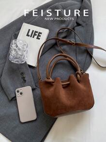 FEISTURE 1 chiếc túi xách tay rút dây xếp nếp cổ điển mùa thu đông có túi nhỏ, phù hợp cho bé gái, phụ nữ, sinh viên đại học, chuyên gia trẻ, tuyệt vời cho công việc, kinh doanh, đi làm, đi học, túi xách nữ thời trang thu đông hot trend - màu nâu - Xem 4