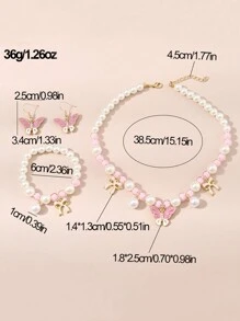 Bộ 4 món trang sức vòng cổ, vòng tay, mặt dây chuyền hình bướm, hoa tai đính nơ màu hồng dễ thương, phù hợp cho bé gái, phong cách công chúa đáng yêu - Hồng - Xem 2