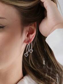 Zirconia Studded Hoop Earring With Hollow Heart Plated - Bạc - Xem 2