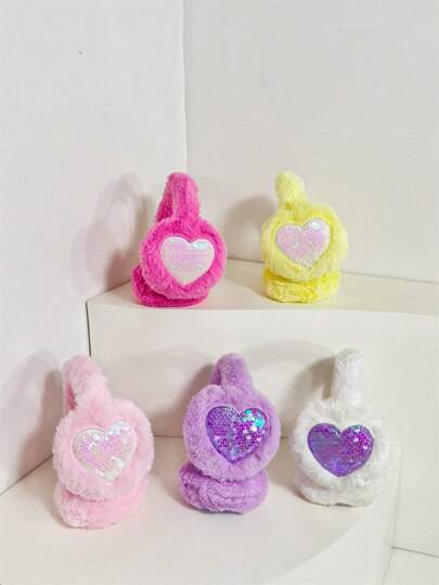 1pc Kids Colorful Sequin Heart Plush Earmuffs Warm Ear Cover Winter Outdoor Wear