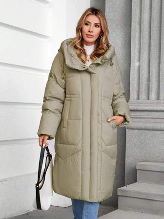 GASMAN Solid Color Hooded Warm Casual Padded Coat, Winter