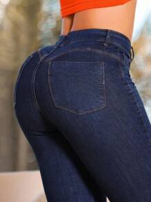 Women's Skinny Jeans Navy Blue With Lycra High Waist Modern Cut Lifts Butt. - Rửa tối - Xem 4