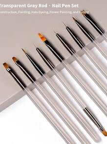 9pcs UV Gel Nail Art Brush Set - Acrylic Painting Pens With Gray Aurora Transparent Handles For Professional & Home Manicure Designs, Alcohol-Free