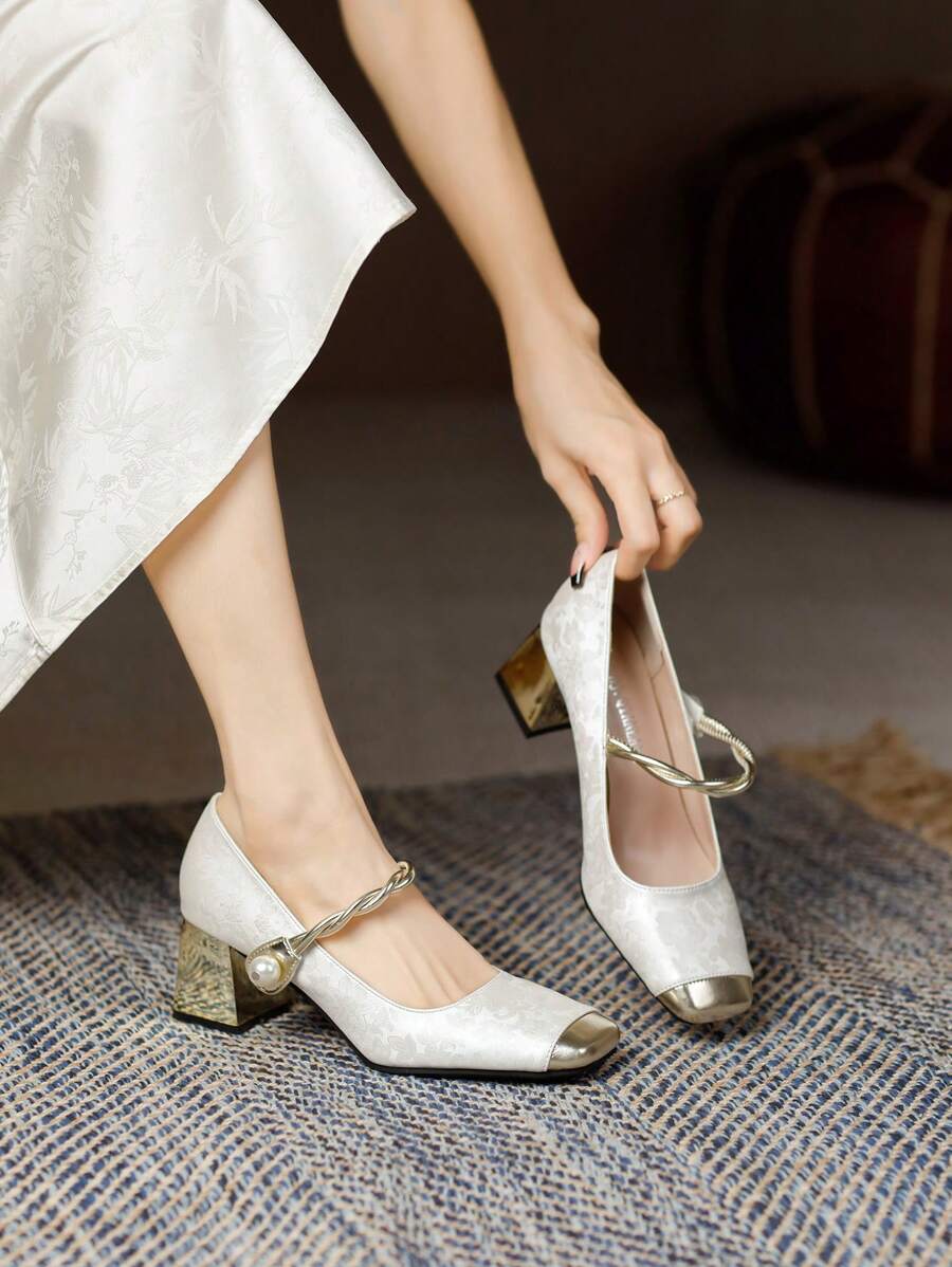 女士刺绣方头粗跟中跟百搭高跟鞋 - 白色 - 查看 1