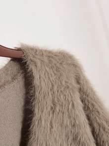 女士纯色落肩长袖单排扣休闲开衫、毛绒毛衣、长袖上衣 - 卡其色 - 查看 4