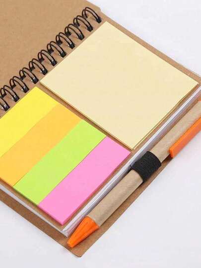 1pc Random Heart Shape Kraft Paper Spiral Notebook With Sticky Notes Set