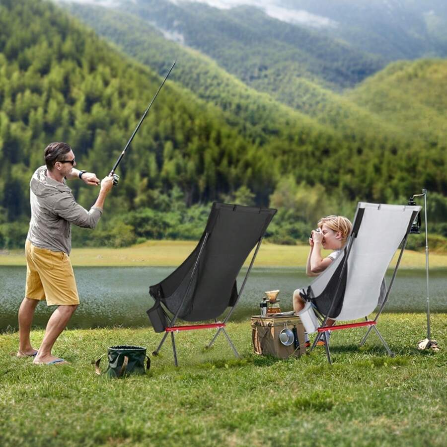 Ultra Lightweight Foldable Camping Chair With High Back & Built-In Pillow - Portable Folding Chair With Side Pocket & Carry Bag, Aircraft-Grade Aluminum Alloy Structure, Compact & Durable For Outdoor Backpacking, Picnics, And Travel - 灰色 - 查看 1