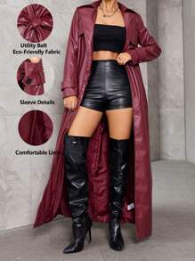 TSUTAYA 纯色翻领系带前开长款 PU 皮革风衣