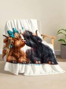 1 peça de cobertor de pelúcia quadrado com estampa de animal natural, estilo aquarela, vaca Highlander fofa, laço azul, macio e quente, uso o ano todo para sala de estar, sofá, poltrona, quarto, viagem, acampamento, presente - Multicolorido - Ver 8