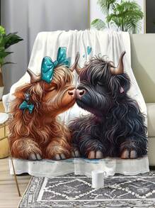 1 peça de cobertor de pelúcia quadrado com estampa de animal natural, estilo aquarela, vaca Highlander fofa, laço azul, macio e quente, uso o ano todo para sala de estar, sofá, poltrona, quarto, viagem, acampamento, presente - Multicolorido - Ver 1