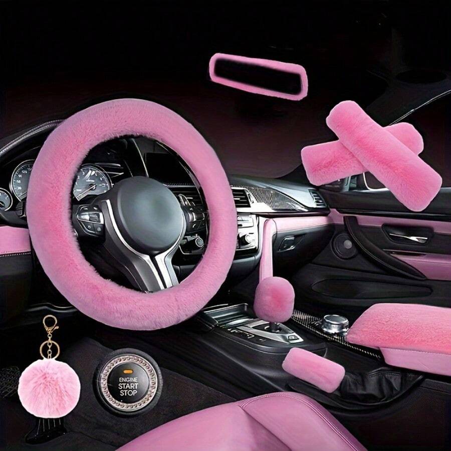 9 Pieces/Set Of New Plush Car Interior Kit: 1 Steering Wheel, 2 Plush Shoulder Protectors, 1 Armrest Box Stopper, 1 Pair Of Handbrakes, 1 Rearview Mirror Cover, 1 Rhinestone Starter Ring, 1 Leather Ball Keychain,Pink Car Stuff - 粉色 - 查看 1