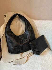 Dedoo 2 件女士复古简约休闲仿编织皮革单肩包腋下包，适合街头约会通勤 - 黑色 - 查看 1