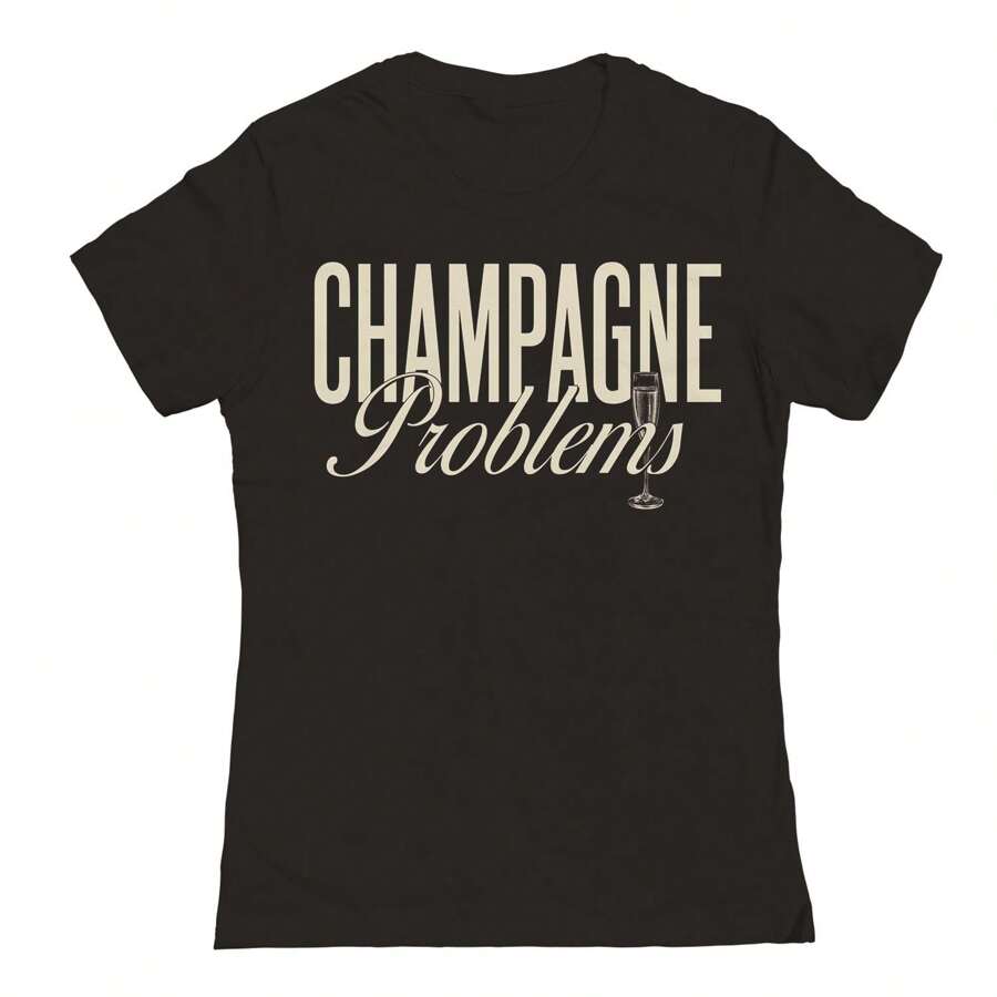 Nearly There Champagne Problems Graphic Ladies Cotton T-Shirt - Black - View 1