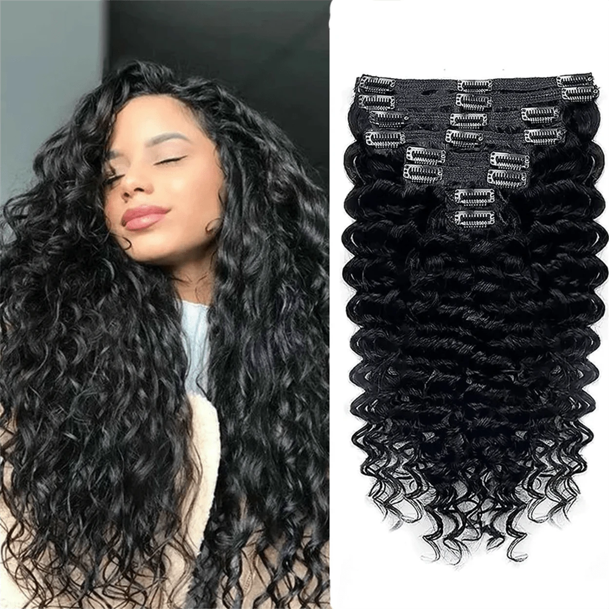 Kinky Curly Clip In Extension Human Hair Kinky Curly 8 Pcs With 18 Clips 4.23oz Clip Full Head For Women Brazilian Human Hair Natural Black Color 120g/Set